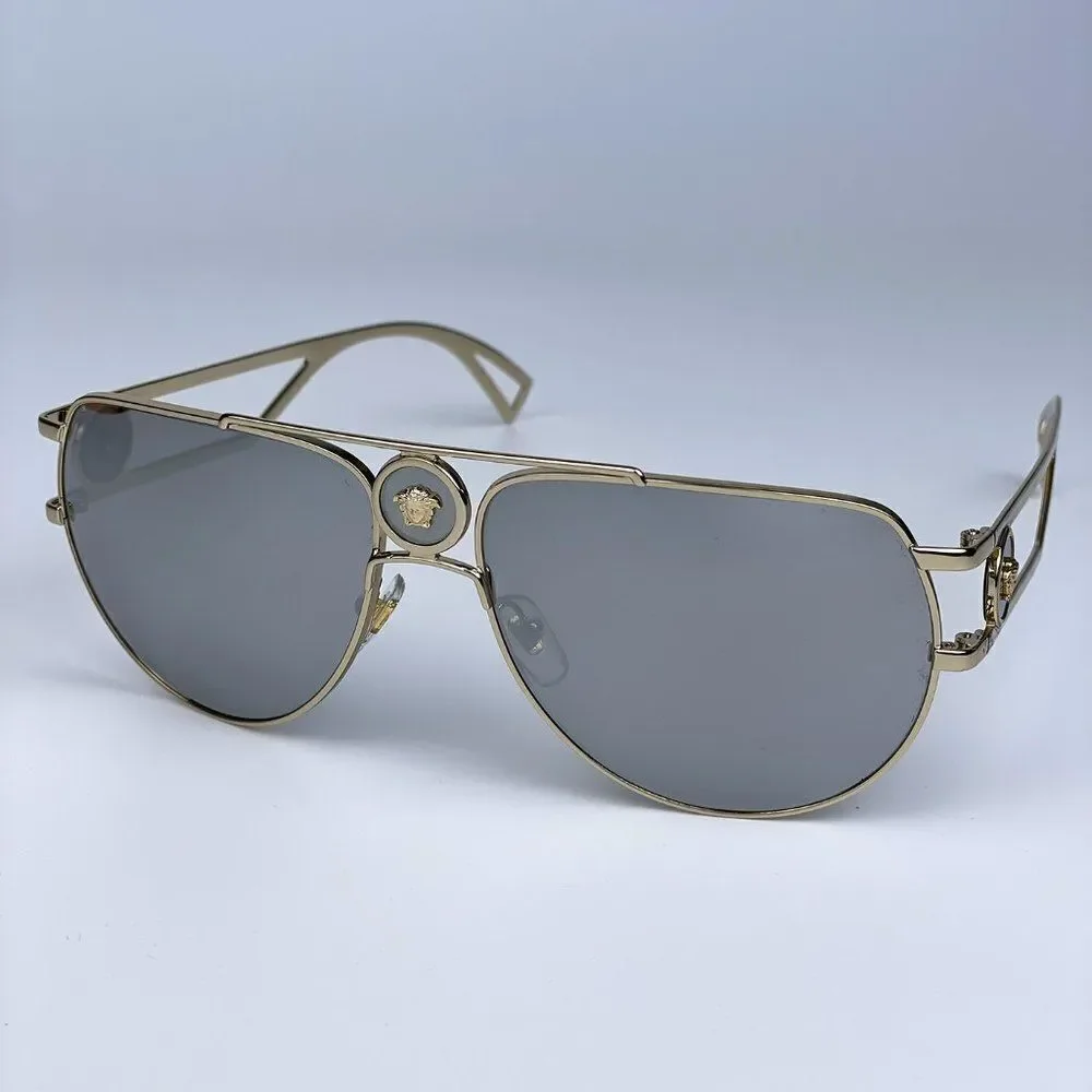 NEW Versace  VE2225 12526G  Pale Gold Grey Aviator Mirrored Unisex Sunglasses